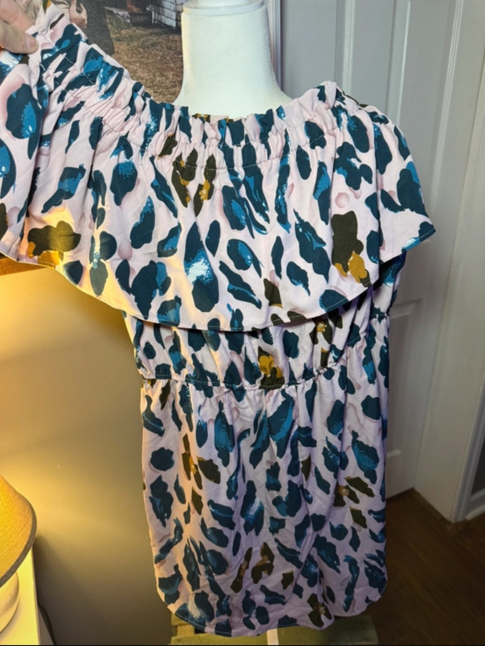SHEIN Pink Romper with Teal & Olive Abstract Spots
